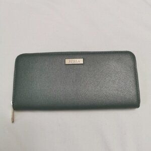 FURLA Babylon XL Zip Around Wallet Petrol Green Saffiano Leather Genuine Italy